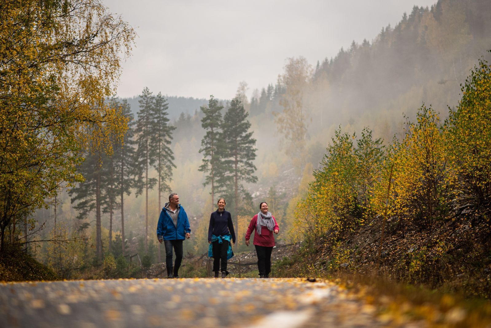 Tre personer ut i høstfarget sjog